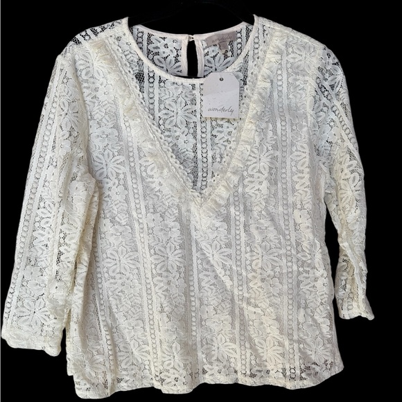 Wonderly Tops - Wonderly Cream Lace V-Neck Blouse